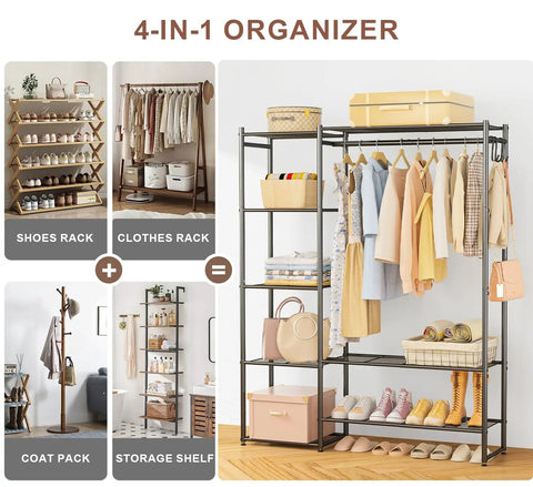 All In One Wardrobe Closet Organizer With Hanging Rod And Four Shelves Free Standing Portable Clothing Rack For Bedroom