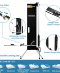 Pro Grade Hot Wire Foam Cutter Machine with 220W air-cooled power, showing length limiter, leveling feet, and cutting shapes guide.