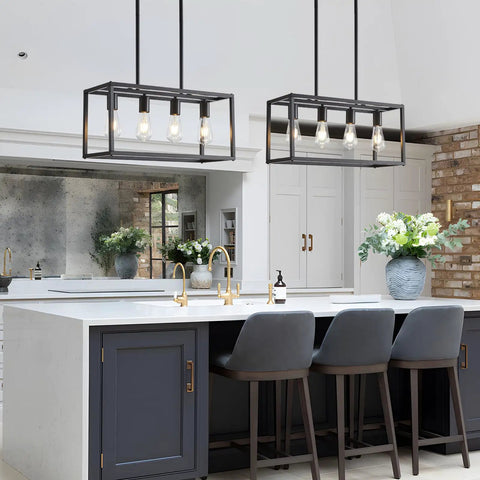 Black Farmhouse 4 Light Dining Room Chandelier With Rectangular Pendant Lights For Kitchen Island Modern Dope Adjustable Height Metal Lighting Fixture E26 Base