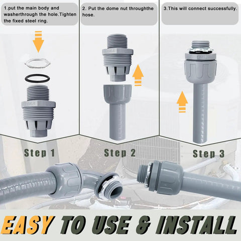 Installation steps for 1 Inch Liquid Tight Conduit 5 Ft Non Metallic Flex Cable Sleeve with fittings and connectors.