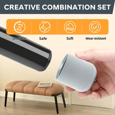 Heavy Duty Folding Chair Leg Caps 12 Pack Premium Grey Floor Savers with a hand holding a grey cap over a black leg
