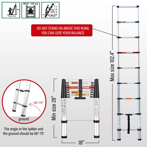 8.5 Foot Telescoping Ladder With One Button Retraction, Lightweight Aluminum Extension Ladder dimensions and safety guidelines