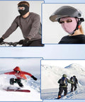 Winter Warm Mask With Ear Cove Full Face Shield Headgear for unisex outdoor use, shown in pink and black during biking and skiing.