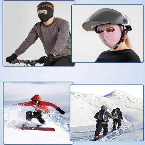 Winter Warm Mask With Ear Cove Full Face Shield Headgear for unisex outdoor use, shown in pink and black during biking and skiing.