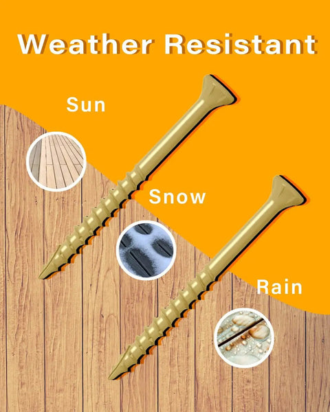 Heavy Duty Ten By Five Inch Exterior Deck Screws In Tan Coated Carbon Steel Paired With T25 Torx Star Drive For Pressure Treated Lumber Badass Grip And Zero Cam Out Headaches 125 Pack shown with weather resistance features.