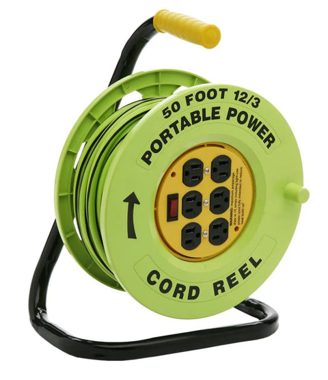 Heavy Duty Power Stations Cord Reel With 50 Foot 14/3 Gauge Cord Six Grounded Outlets Built In Circuit Breaker And Lighted Switch