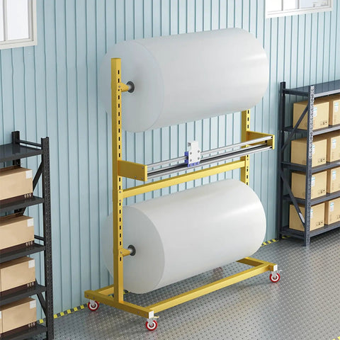 Heavy Duty Manual Bubble Wrap Roll Dispenser For Packing And Shipping Freestanding Cushion Foam Holder with large rolls in workspace.