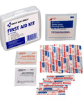 First Aid Kit in a white plastic case; 13-piece set with antiseptic wipes, gauze pads, and adhesive bandages.