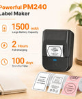 Straight Up Game Changer Label Printer Slick Chip Yields Crisp 203 Dpi Output Zero Ink Or Toner Drama Comes With Three Heavy Duty Tape Rolls For Lazy Weekend Organizing with PM240 design, three label rolls and battery stats.