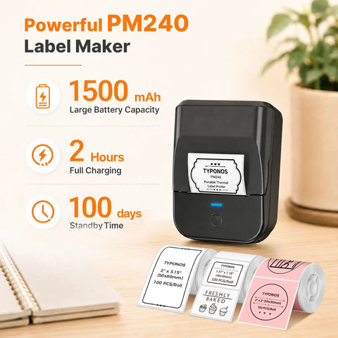 Straight Up Game Changer Label Printer Slick Chip Yields Crisp 203 Dpi Output Zero Ink Or Toner Drama Comes With Three Heavy Duty Tape Rolls For Lazy Weekend Organizing with PM240 design, three label rolls and battery stats.