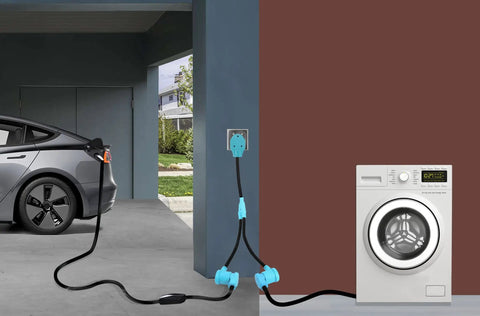 Three Prong Dryer Y Splitter Cord 2 Ft NEMA 10 30P Male To Two NEMA 10 30R Female 30 Amp 250 Volt 7500W STW 10 AWG Dryer And Level 2 EV Charger Adapter UL Listed in use with dryer and EV