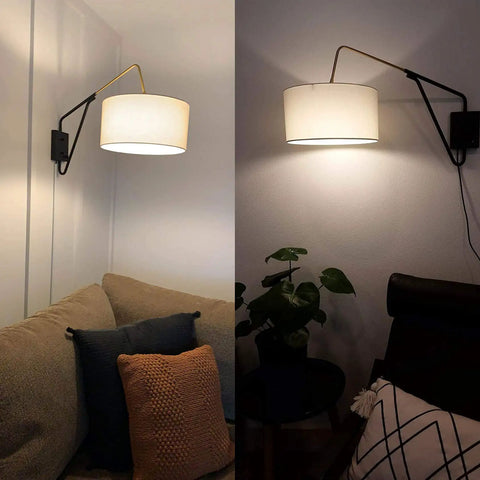 Modern Swing Arm Bedside Wall Lamp With Adjustable Arm And Wall Mount Plug In Or Hardwire Sconce Off White Fabric Shade Black Finish 13.77 Inch Bedroom Reading Light