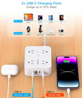 Power Strip Surge Protector With Eight Outlets And Four USB Ports Including Two USB C To Charge All Your Gadgets At Home Or In The Office Flat Plug Wall Mount Desk Station With A 5 Ft Braided Cord ETL showing charging ports