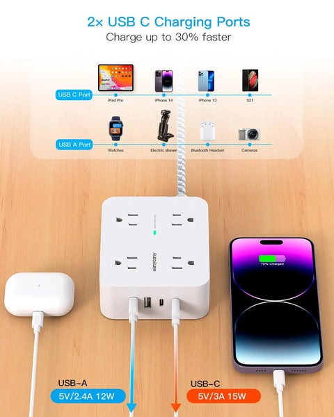 Power Strip Surge Protector With Eight Outlets And Four USB Ports Including Two USB C To Charge All Your Gadgets At Home Or In The Office Flat Plug Wall Mount Desk Station With A 5 Ft Braided Cord ETL showing charging ports