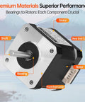 Front view of NEMA 17 bipolar stepper motor 42x40 mm with silver front plate, protruding shaft and 4-lead connector.