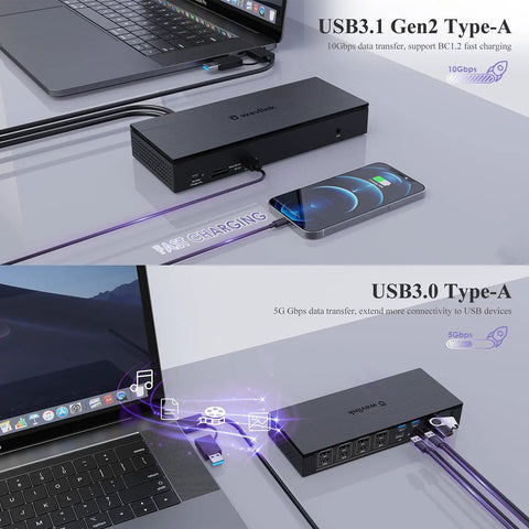Pro Level Usb C Docking Station Packing 20 Ports With Quad Monitor Support Delivers Legit Dual 5k At 60Hertz Output Fast Charging Plus Boss 2.5G Ethernet Port For Creators Ready To Crush Multitasking Tasks connected to a laptop and smartphone.