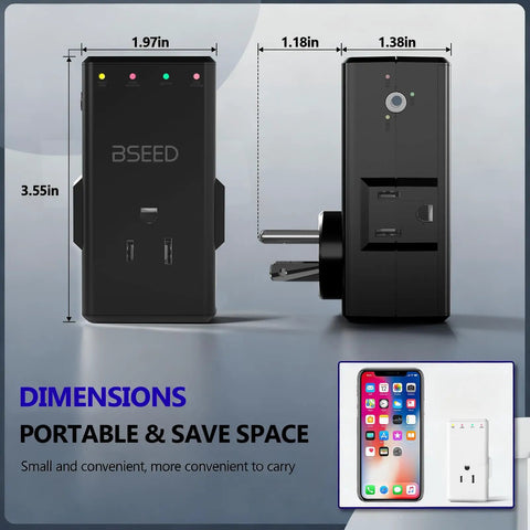 Rock Solid 4 Outlet Surge Protector With 350 Degree Rotating Plug For TV And Fridge dimensions with LED indicator lights and compact design.