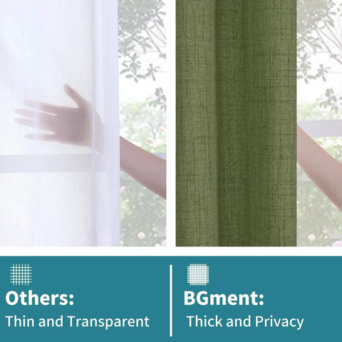 Comparison of thin white curtain and Dark Green Faux Linen Curtains For Kitchen Window Light Filtering Textured Drapes With Rod Pocket And Back Tab 2 Panel Set Each Panel 42 Inches Wide By 40 Inches Long Olive Toned Cafe Office Vibe