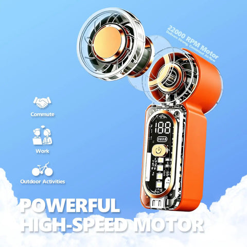 Beast Portable Handheld Fan On The Go With USB-C Rechargeable Battery, 100 Speed Adjustable, Digital Display in orange