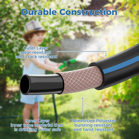 Compact Lightweight Garden Hose 1 Foot By 5 Eighth Inch With Three Quarter Inch GHT Male To Female Fittings in use with layers highlighted