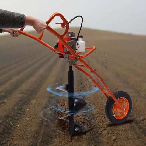 Gas-powered hand-push earth auger with orange frame and single wheel, 3.15-inch drill bit included