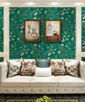 Living room with green floral peel and stick wallpaper with vintage bird pattern removable self adhesive wall covering waterproof and oil resistant vinyl thick texture for easy home decor and furniture makeover 58 sq ft.