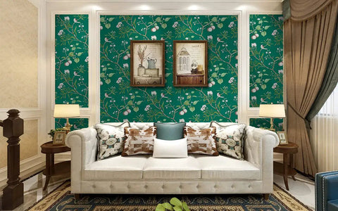 Living room with green floral peel and stick wallpaper with vintage bird pattern removable self adhesive wall covering waterproof and oil resistant vinyl thick texture for easy home decor and furniture makeover 58 sq ft.