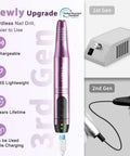 Kickass Cordless Nail Drill And Electric File Kit With Variable Speed And Forward Reverse Function Pro Grade Burrs, stylish purple design, lightweight and rechargeable.