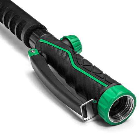 Close-up of 36 Inch Front Trigger Watering Wand Hose Nozzle with Carbon Fiber Texture and Non Slip Grip for precise watering.