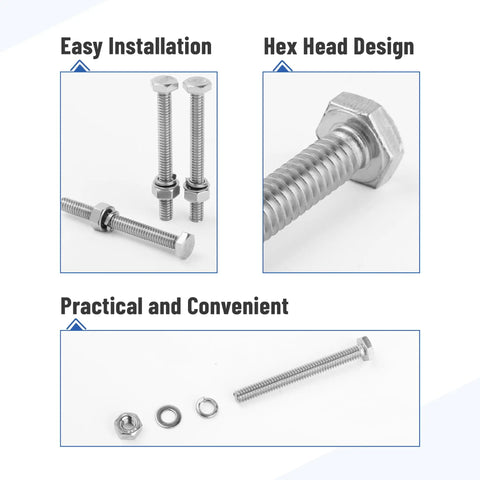 Nuts And Bolts Set 1/4-20 By 2-1/2 Inch Stainless Steel With Hex Nuts And Flat And Lock Washers, 10 Complete Sets displayed