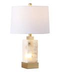 Coastal 23 Inch Gold And White Alabaster Rectangular Table Lamp With Night Light And White Linen Drum Shade Two Light LED Bulbs Included Modern Bedside Fixture For Bedroom showing alabaster base and drum shade