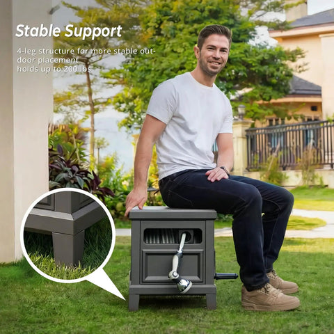 Heavy Duty Steel Garden Hose Reel Deck Box Holds 125 Ft Of 5/8 Inch Hose With Leak Proof Aluminum Water System Manual Crank Hose Guide Four Leg 200 Lb Stable Base No Mount Required Weatherproof And Rust Proof, person sitting on it outdoors.