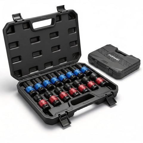 Nanwei 15-Piece Metric 3/8 Drive Swivel Impact Socket Set Heavy Duty Cr-Mo Steel Universal Wobble Tool Kit With Storage Case For Auto Repair Jobs in case