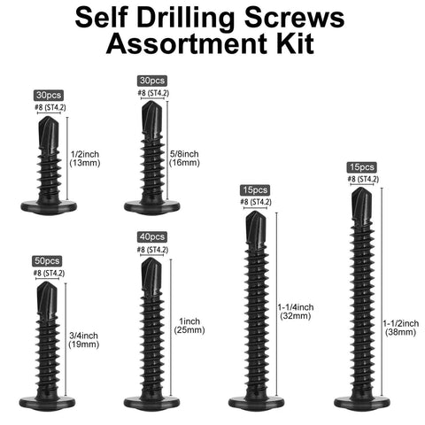 Heavy Duty Self Tapping Screws Assortment Kit For Metal Size 8, 180 Pieces, 410 Stainless Steel Self Drilling Screws