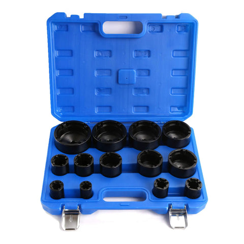 Blue case holding Beefy 13 Piece 1/2 Inch Drive Socket Set With Internal Teeth For Grooved Locknuts, 60mm Long