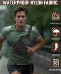 Man running in rain wearing Slim EDC Sling Bag For Men Tactical Waterproof Mini Crossbody Chest Pack with raindrops visible