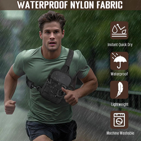 Man running in rain wearing Slim EDC Sling Bag For Men Tactical Waterproof Mini Crossbody Chest Pack with raindrops visible