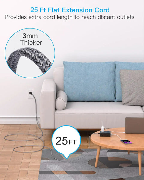 Hella Dependable 25 Ft Extension Cord With Flat Plug Surge Protector Power Strip, 3mm thick design, suitable for home use.