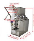 Industrial Grade Game Changer Automatic Paste And Liquid Filling Machine With Quick Mix Hopper For Thick Sauces Honey Olive Oil Vinegar Auto Bag Sealer Plus Cutting System 110V with dimensions and stainless steel design.