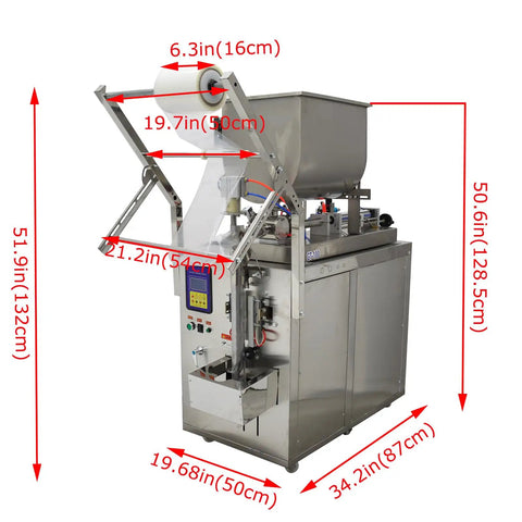Industrial Grade Game Changer Automatic Paste And Liquid Filling Machine With Quick Mix Hopper For Thick Sauces Honey Olive Oil Vinegar Auto Bag Sealer Plus Cutting System 110V with dimensions and stainless steel design.