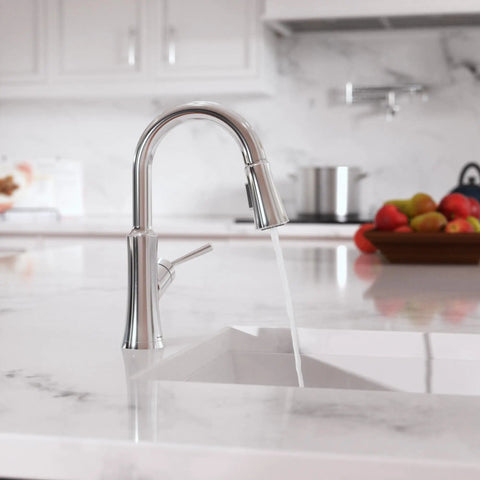 hansgrohe Joleena Pull Down Kitchen Faucet, Transitional, Magnetic Hand Sprayer, 1-Handle, 1.75 GPM, Chrome, 04112000 in kitchen sink.