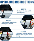 FITHOIST 6-Ton jack stands, pair in black and red with double-pin locking under a vehicle (instructional diagram)