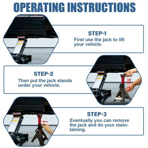 FITHOIST 6-Ton jack stands, pair in black and red with double-pin locking under a vehicle (instructional diagram)