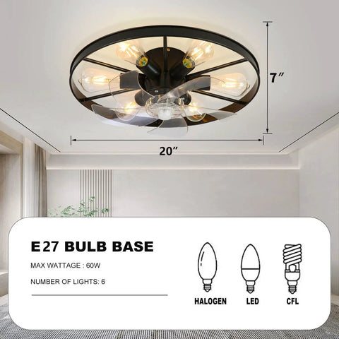Retro 20 Inch Black Ceiling Fan With Light And Remote Six Speed Control Low Profile Bedroom Ceiling Fan Includes Six E27 Bulbs 60W