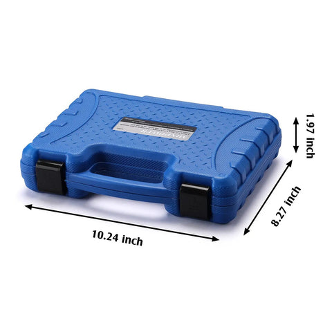 Blue case with dimensions for 10-Piece 1/2-Inch Drive Torque Limiting Socket Extension Set, CR-MO, 8-Inch Long