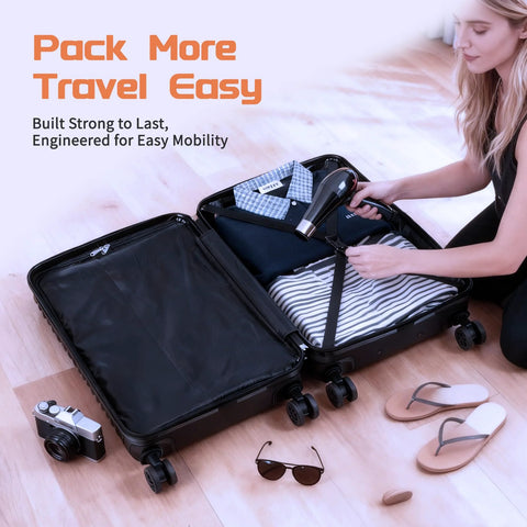 Person packing a 3 Piece ABS Luggage Set With Spinner Wheels Hardside Travel Luggage Including 28 Inch Large Suitcase.