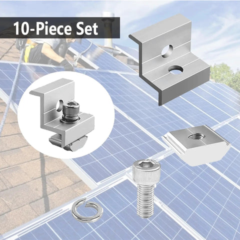 Heavy Duty 10 Pack Solar Panel End Clamps For 30 mm And 35 mm Pv Modules, showing aluminum brackets and stainless steel hardware.