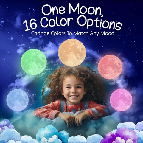 Smiling child under colorful moons, promoting Moon Night Light For Kids Room With Colorful LED Glow, 3D Moon Lamp That Shifts Colors