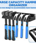 Wall Mount Screwdriver Organizer And Pliers Holder With Hammer Rack, alloy steel tool holder with blue-handled hammers.