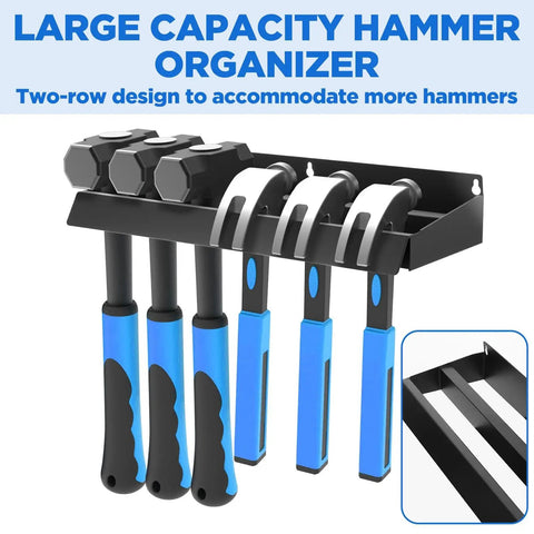 Wall Mount Screwdriver Organizer And Pliers Holder With Hammer Rack, alloy steel tool holder with blue-handled hammers.